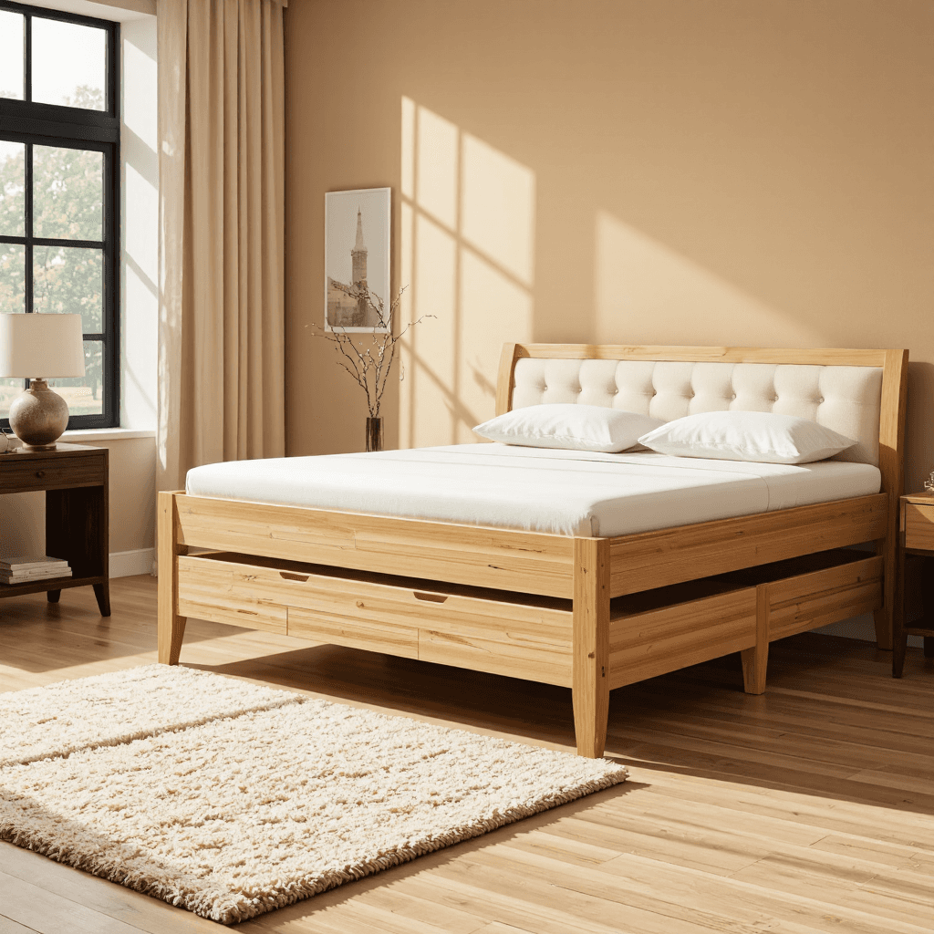 product photography of a wooden bed with a pull-out trundle