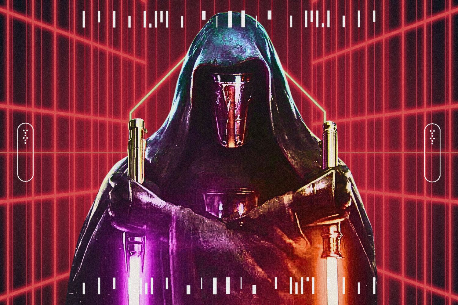 A close-up view of the Darth Revan Black Series action figure by Hasbro. The figure depicts Revan wearing his signature dark hooded cloak and intricately detailed armor, with his iconic red and black Mandalorian-inspired mask. The craftsmanship highlights the character’s menacing and enigmatic presence.