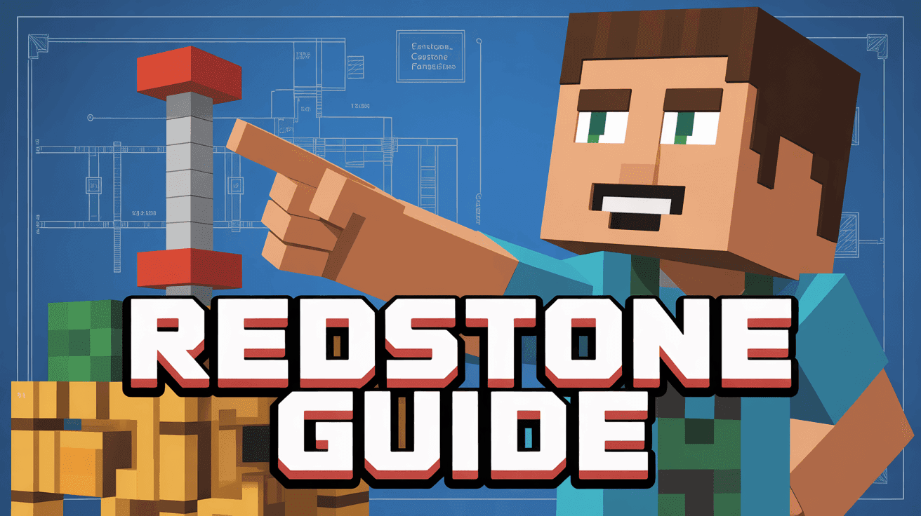 Minecraft engineer presenting complex redstone contraption with blueprint schematics and REDSTONE GUIDE text