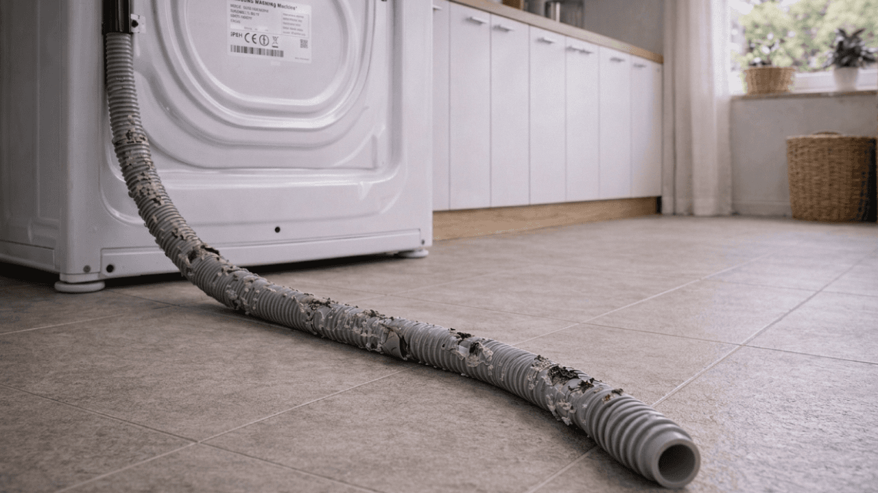 Tuyau d'évacuation de machine à laver rongé et endommagé sur un carrelage