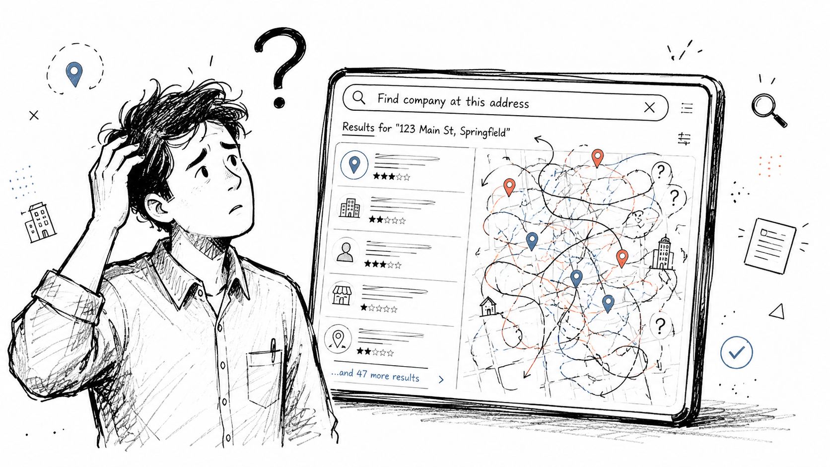 A confused person looking at a tablet showing a cluttered map with many location markers for addresses.