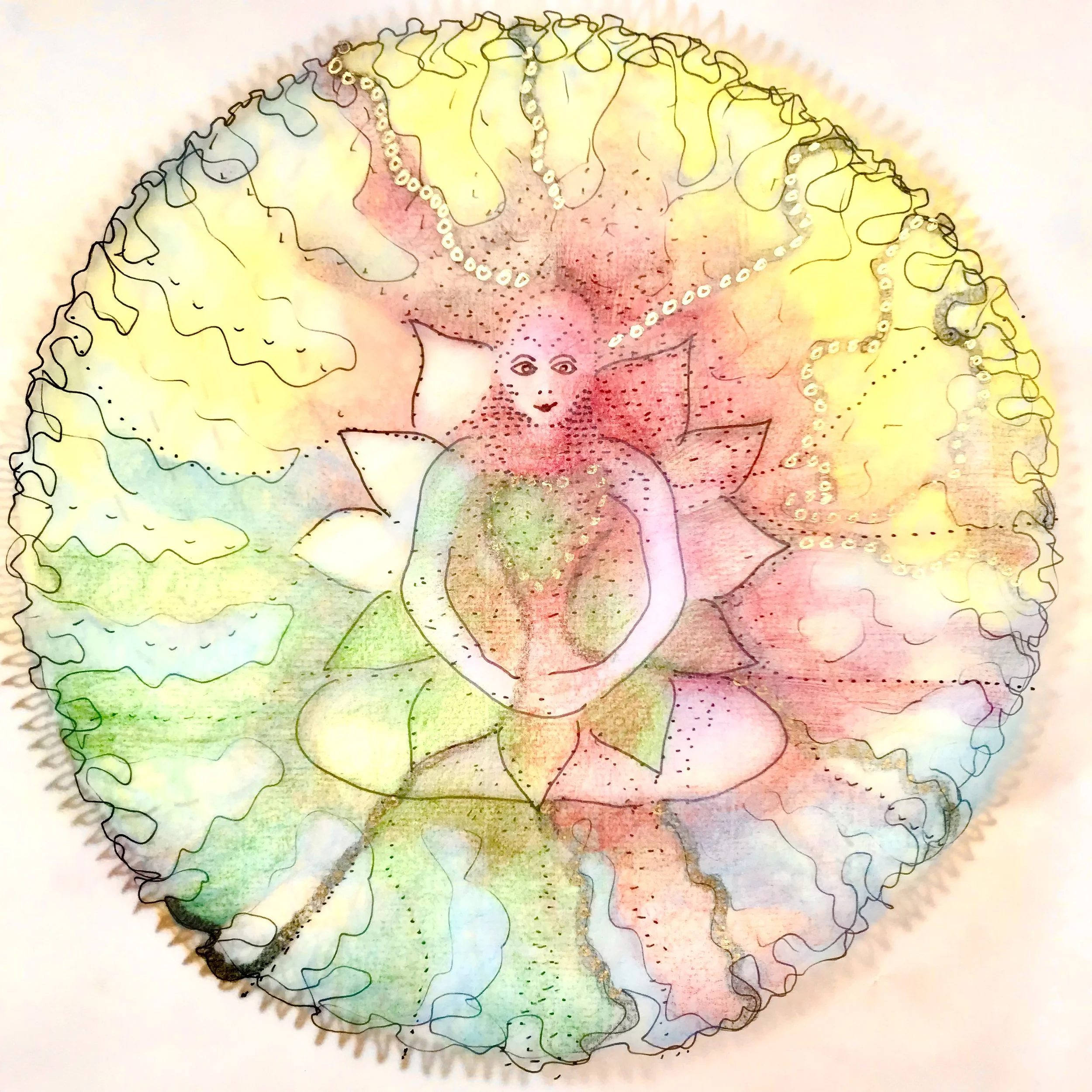 Ein selbst gezeichnetes buntes Mandala mit einer Frau die im Yogasitz/ Lotussitz in der Mitte sitzt