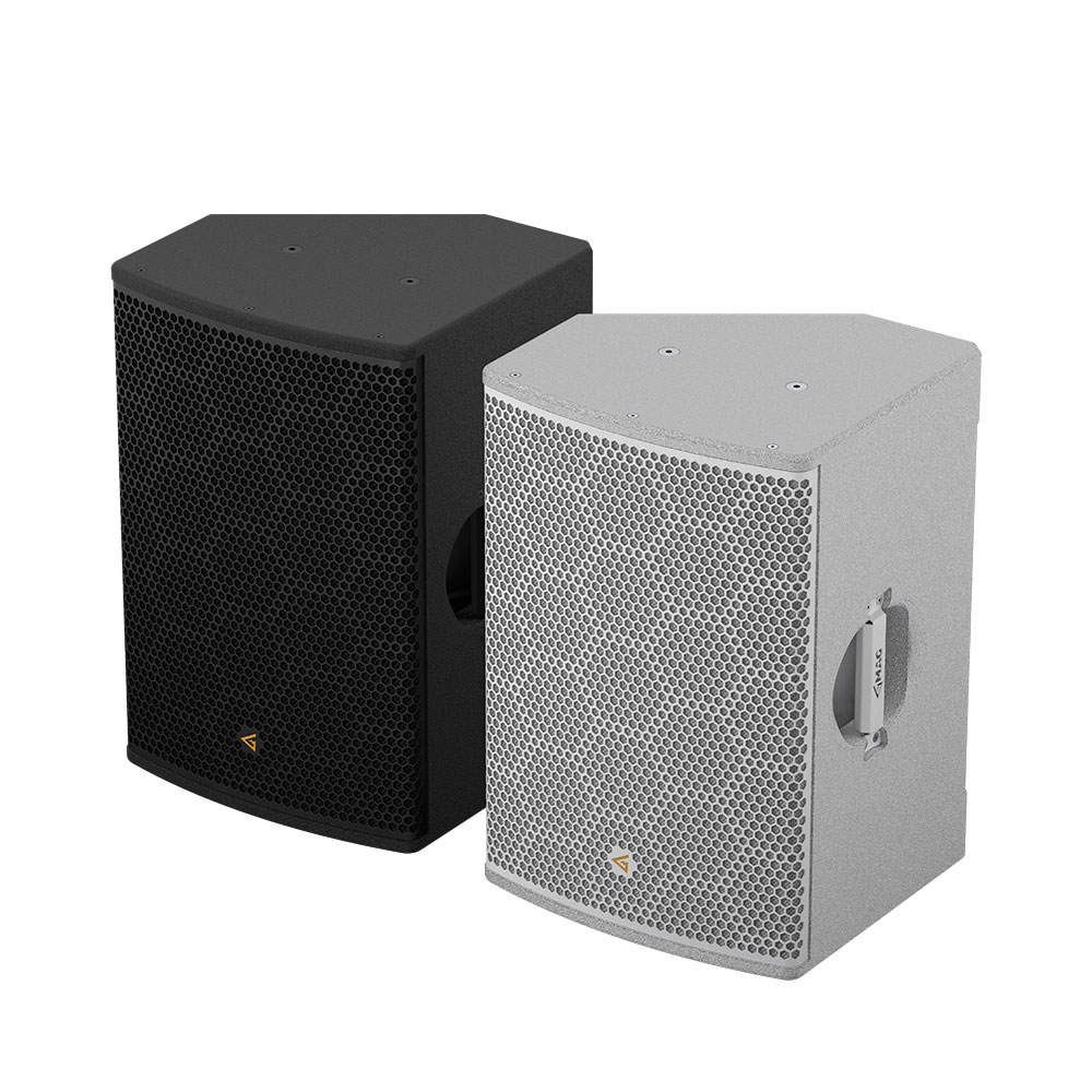 Two professional sound speakers, one black, one gray.