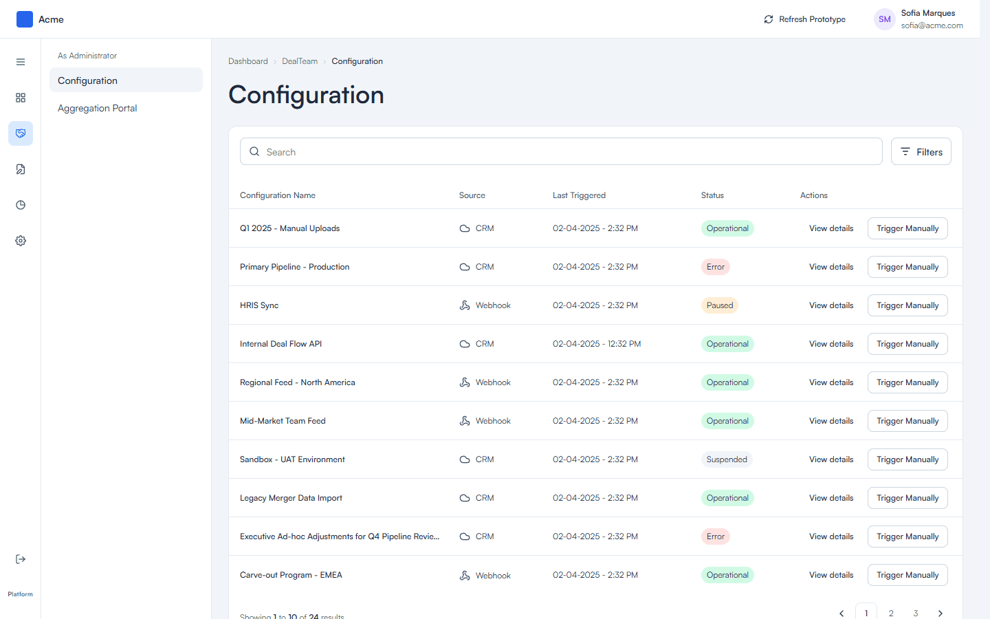 DealTeam Configuration screen with a manual single-deal trigger and a bulk CSV upload area for running feedback at different scales.