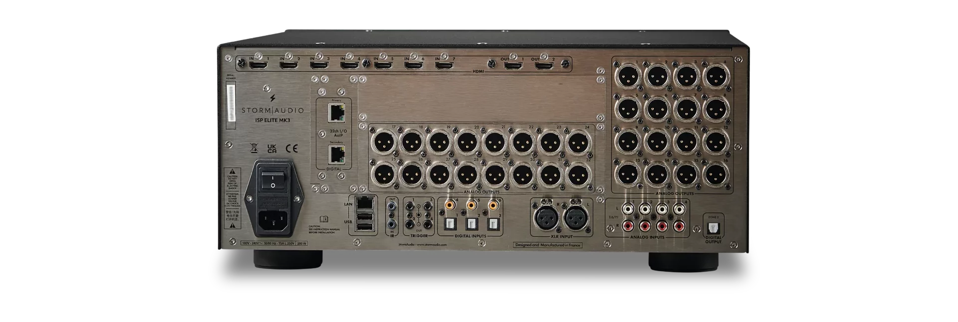 Back panel of StormAudio ISP Elite Mk3 processor with many inputs/outputs.