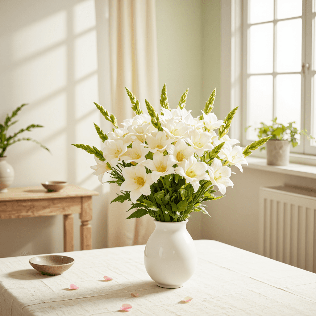 product photography of bouquet of artificial freesias in a white vase