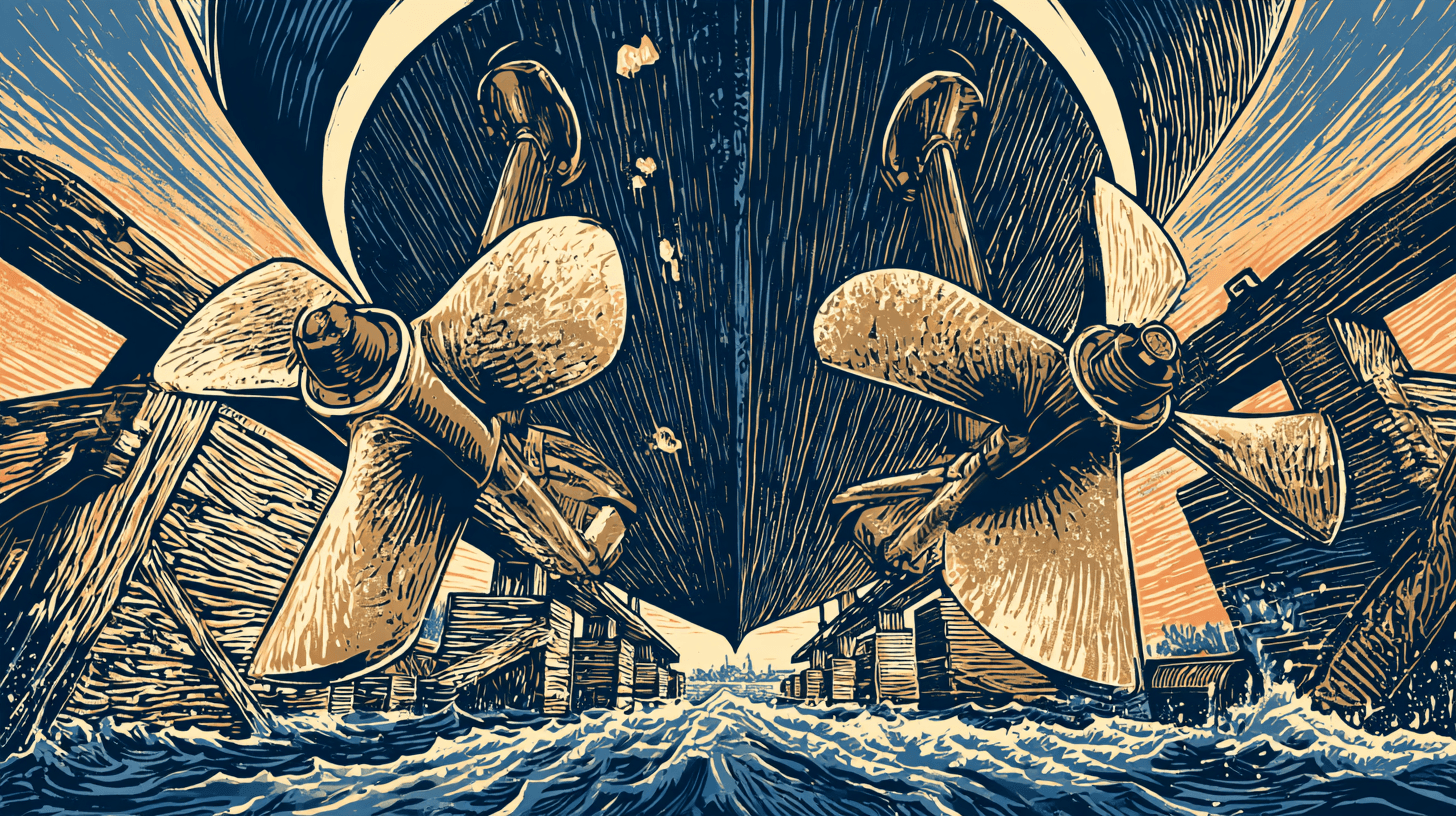 Linocut-style print of twin propellers under a motor yacht hull on wooden boatyard stands