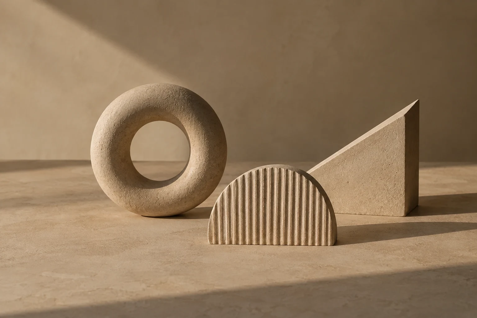 Three original sand-colored plaster geometric sculptures: ring, ribbed half-disk and angular wedge, on tan ground with long shadows