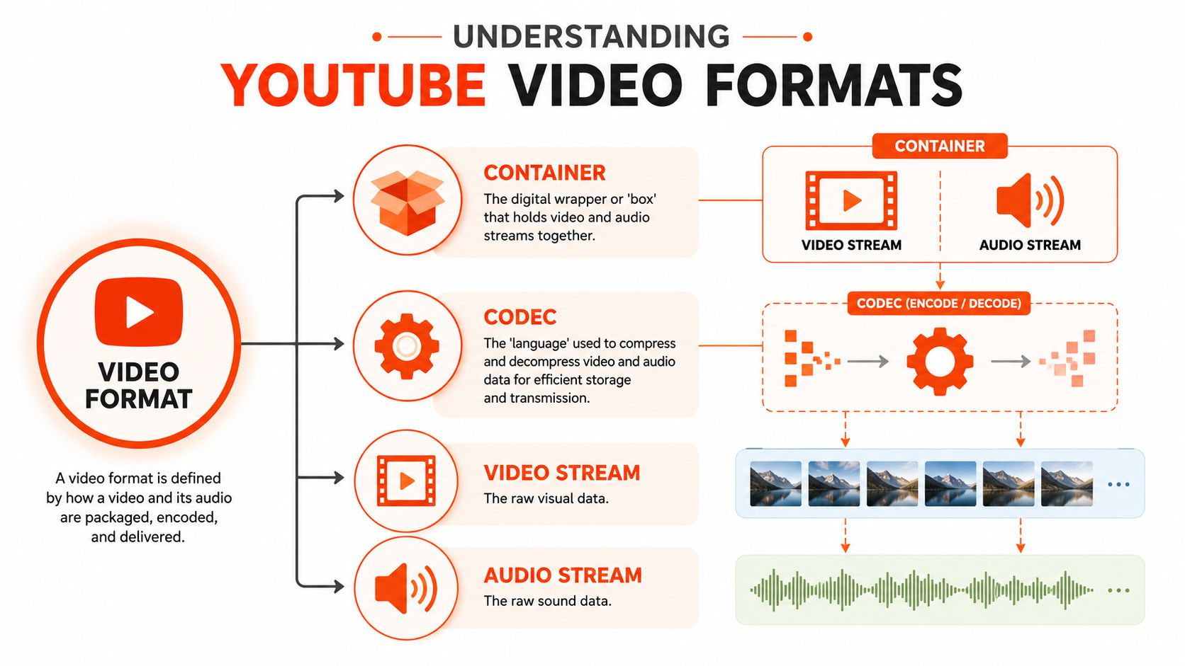 A diagram explaining YouTube video formats, covering containers, codecs, video streams, and audio streams in detail.