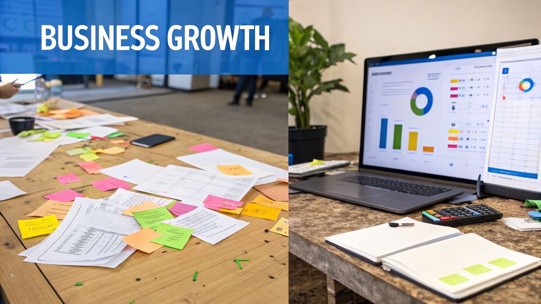 A split image showing papers and sticky notes on a wooden table, alongside a laptop with business growth charts and data analysis.