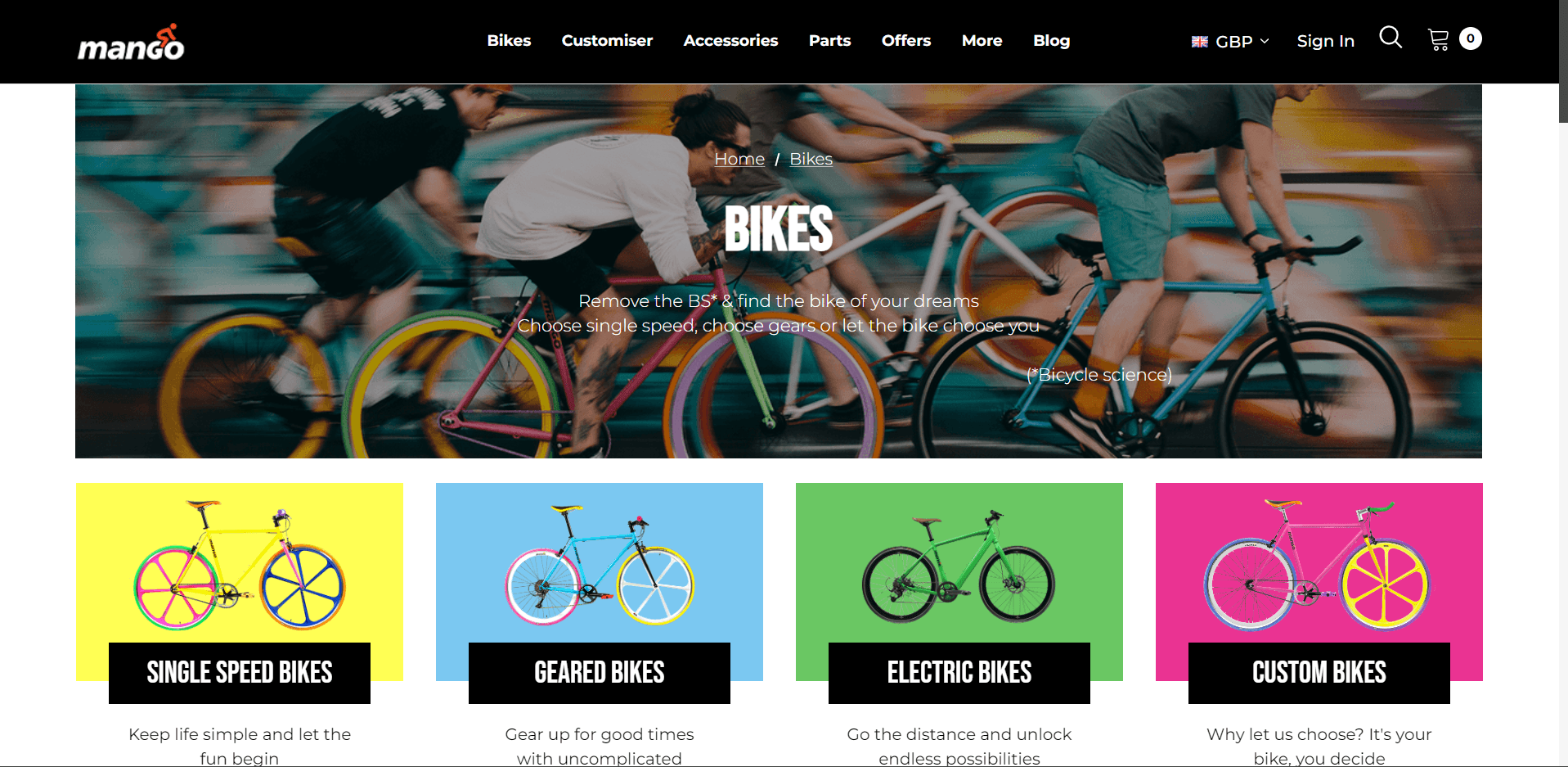 mango bikes home/bikes page