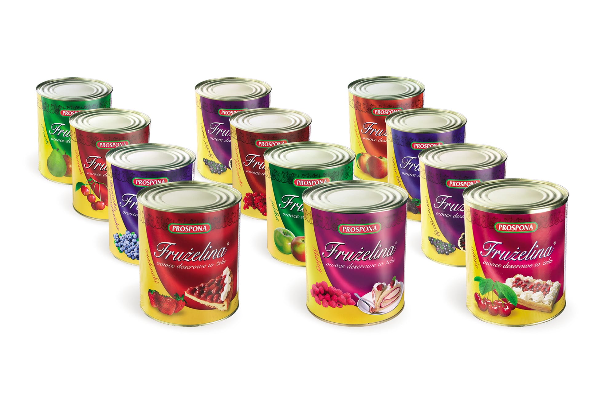 Cans of Prospona Frużelina fruit dessert fillings are displayed in various sizes and vibrant packaging designs featuring images of different fruits and desserts.