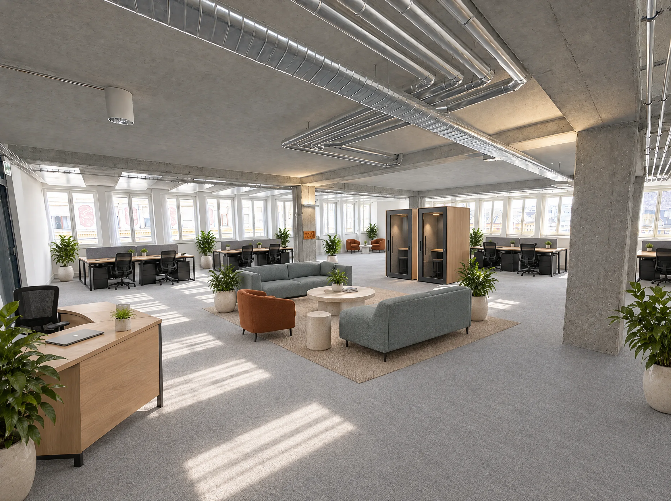 Visualisierung einer eingerichteten Bürofläche mit Arbeitsplätzen und Lounge
