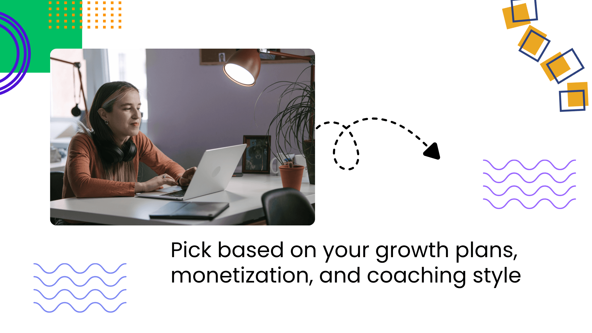 Woman working late on a laptop beside text about choosing coaching platforms based on growth and monetization.