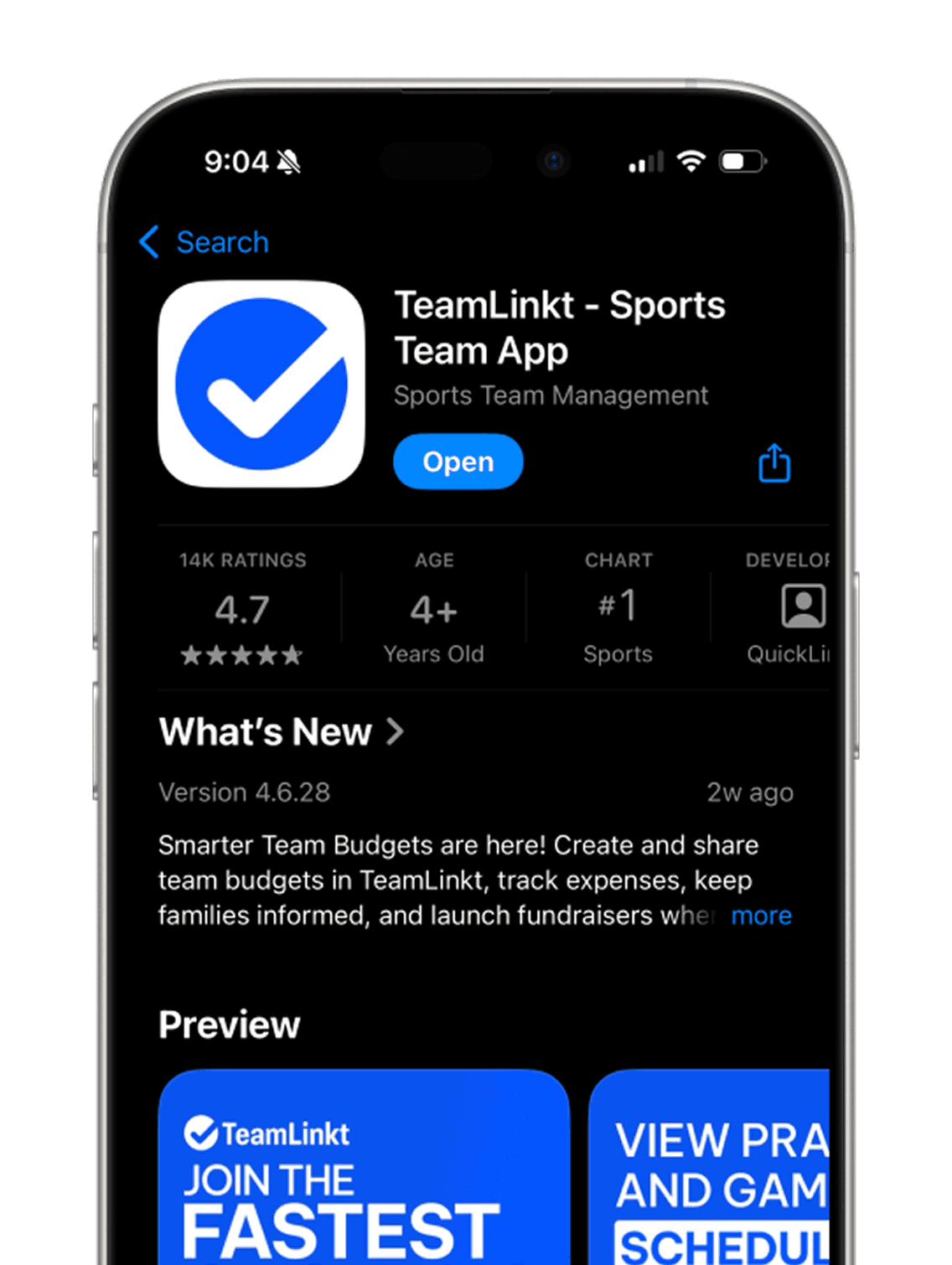 TeamLinkt Sports Team App listing on the App Store with a 4.7 rating
