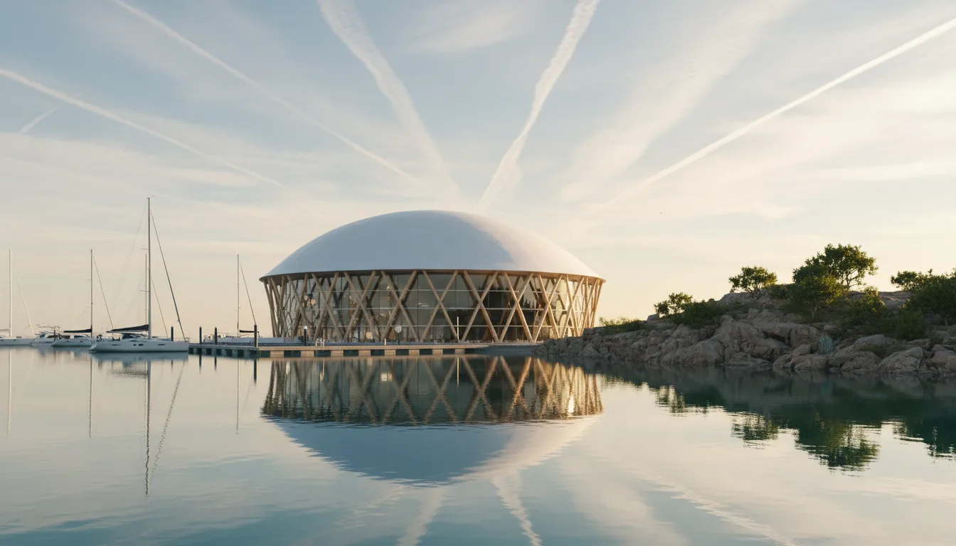 Photorealistic 3D render of a futuristic architectural building on a waterfront marina, Twinmotion style. A massive, smooth white dome roof sits atop a glass-walled structure with visible light-wood support beams. In the foreground, calm water reflects the scene, with a rugged, sun-drenched rocky outcrop and small green trees on the right. Several sailboats are docked at the pier on the left. The scene is bathed in the warm, low light of the golden hour, under a vast sky with thin, wispy clouds and contrails. Ultra-realistic, soft global illumination, 8K detail.