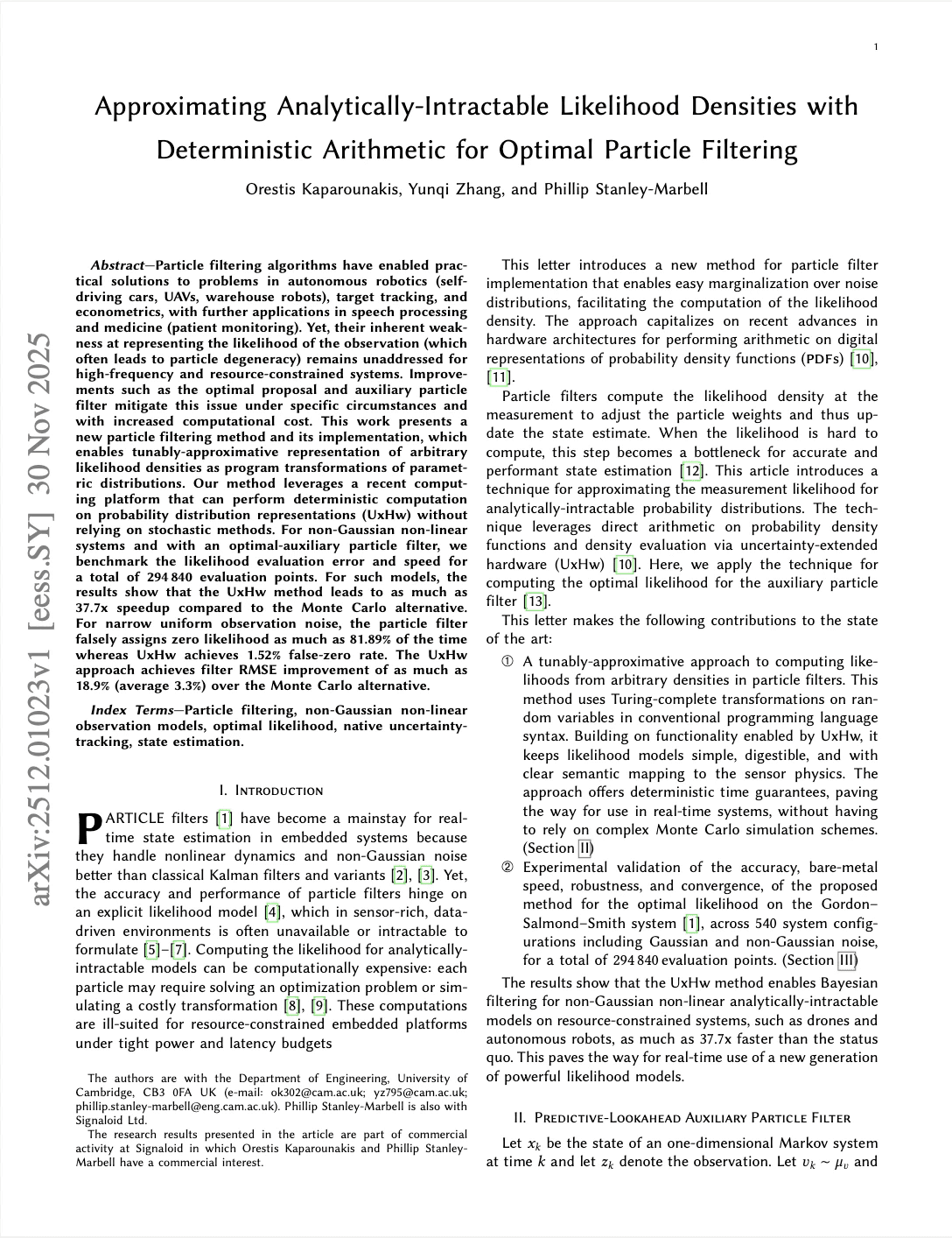 Front page of the research paper PDF "Approximating Analytically-Intractable Likelihood Densities with Deterministic Arithmetic for Optimal Particle Filtering" by Orestis Kaparounakis, Yunqi Zhang, and Phillip Stanley-Marbell"
