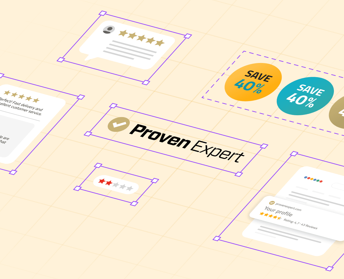 Isometric layout on a cream grid: ProvenExpert logo, review cards with 5-star ratings, "SAVE 40 %" discount circles, and a Google profile card, each framed by purple Figma component outlines.