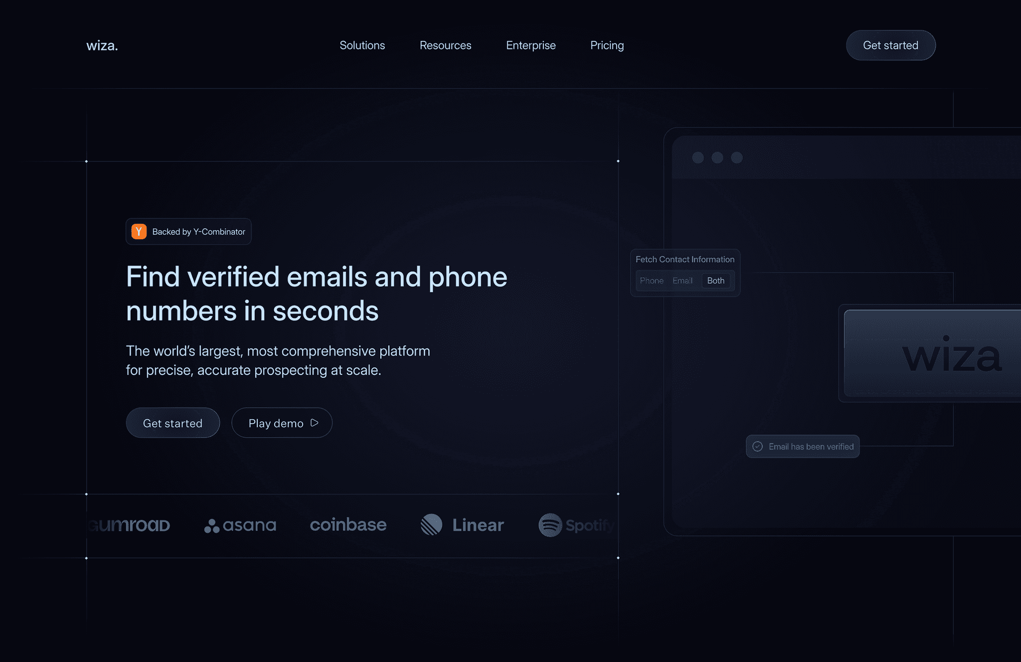 A dark-themed webpage displays a platform for verifying emails and phone numbers, highlighting features such as precise, accurate prospecting at scale, with prominent "Get started" and "Play demo" buttons.