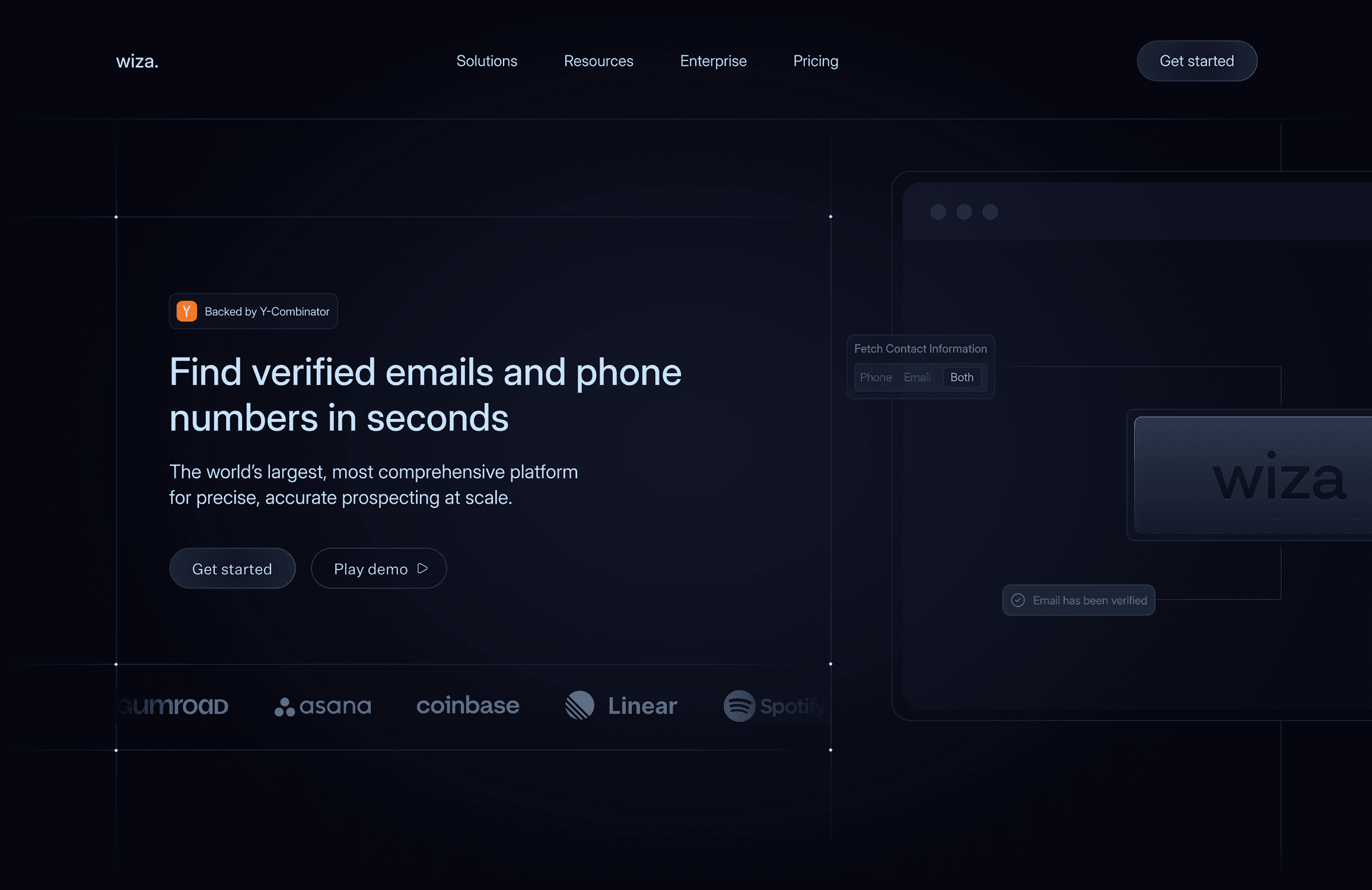 A dark-themed webpage displays a platform for verifying emails and phone numbers, highlighting features such as precise, accurate prospecting at scale, with prominent "Get started" and "Play demo" buttons.