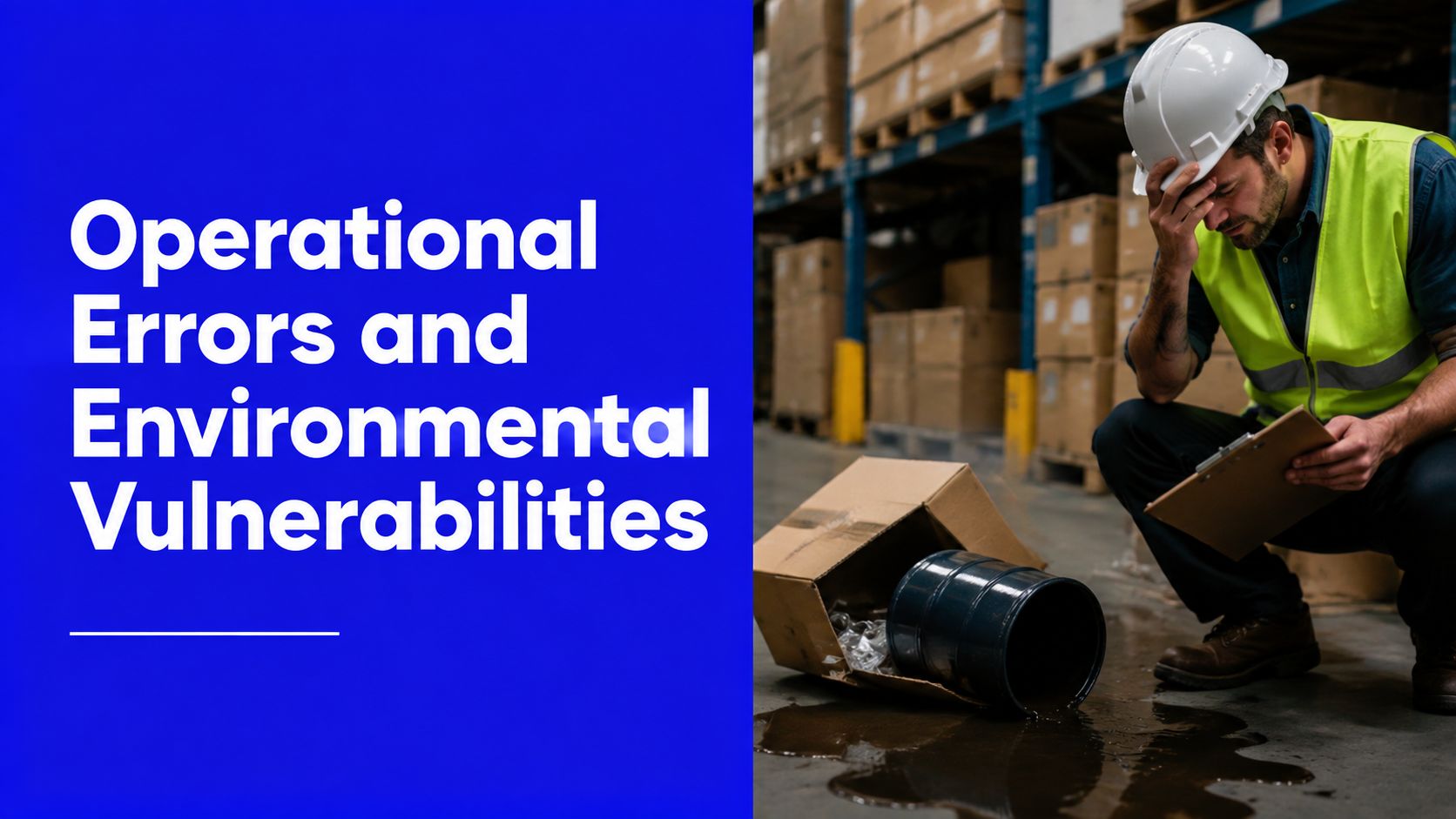 A warehouse worker looking stressed while inspecting a spilled chemical container on the warehouse floor.