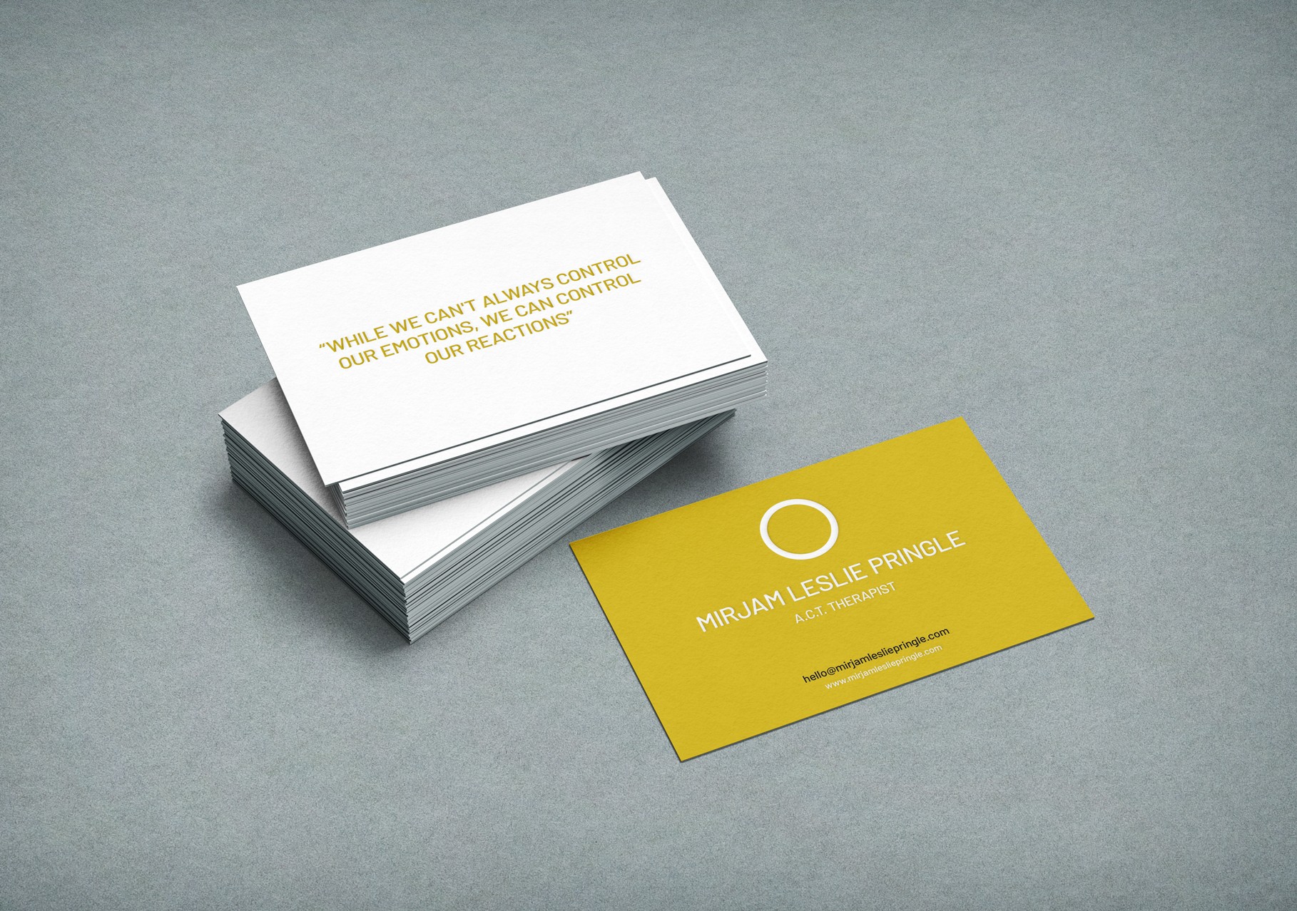 Busniness card in white and yellow for Mirjam Leslie Pringle