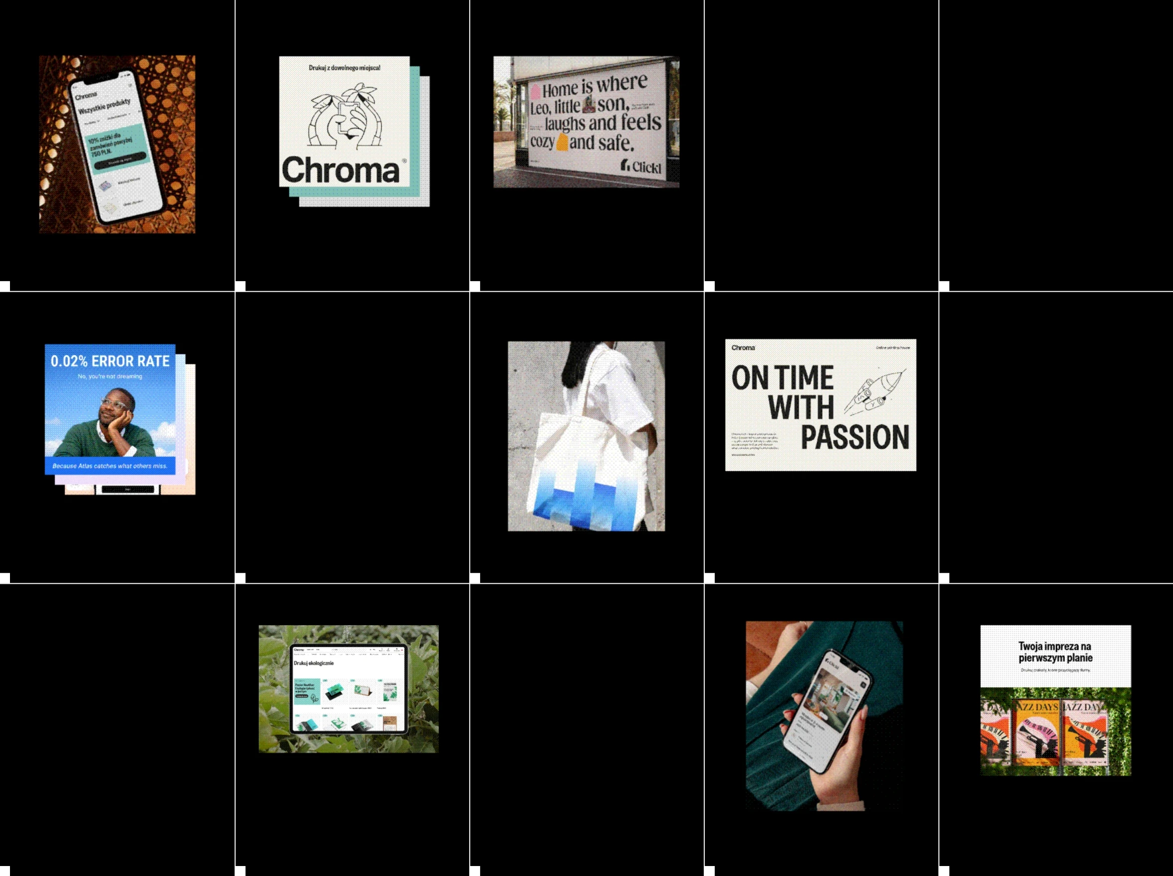 Calendar grid filled with different design assets made day by day: app screens, ads, posters, a billboard and merch