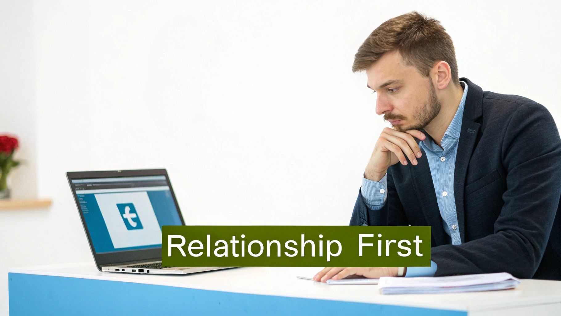 A thoughtful businessman intently views his laptop, featuring a logo and the overlaid text 'Relationship First'.