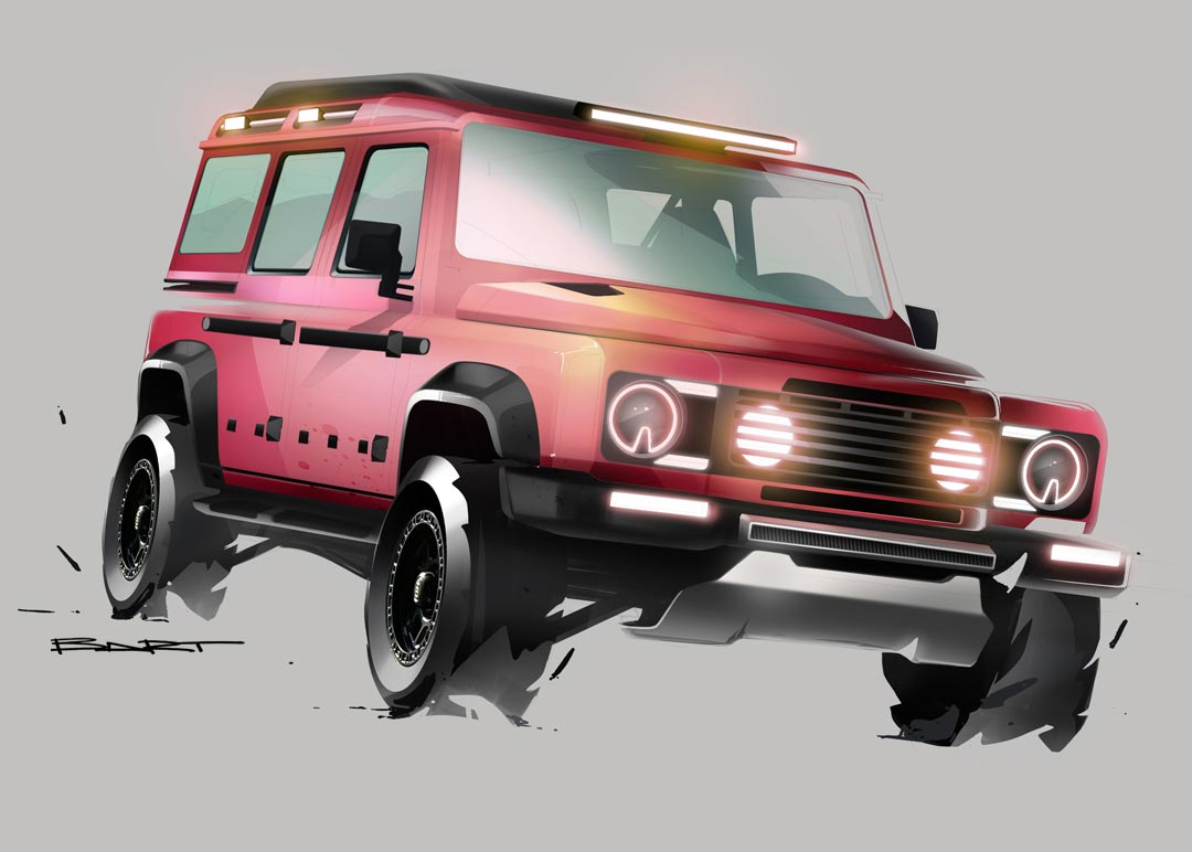 Coloured design sketch from the design process of the INEOS Grenadier, 3/4 front view