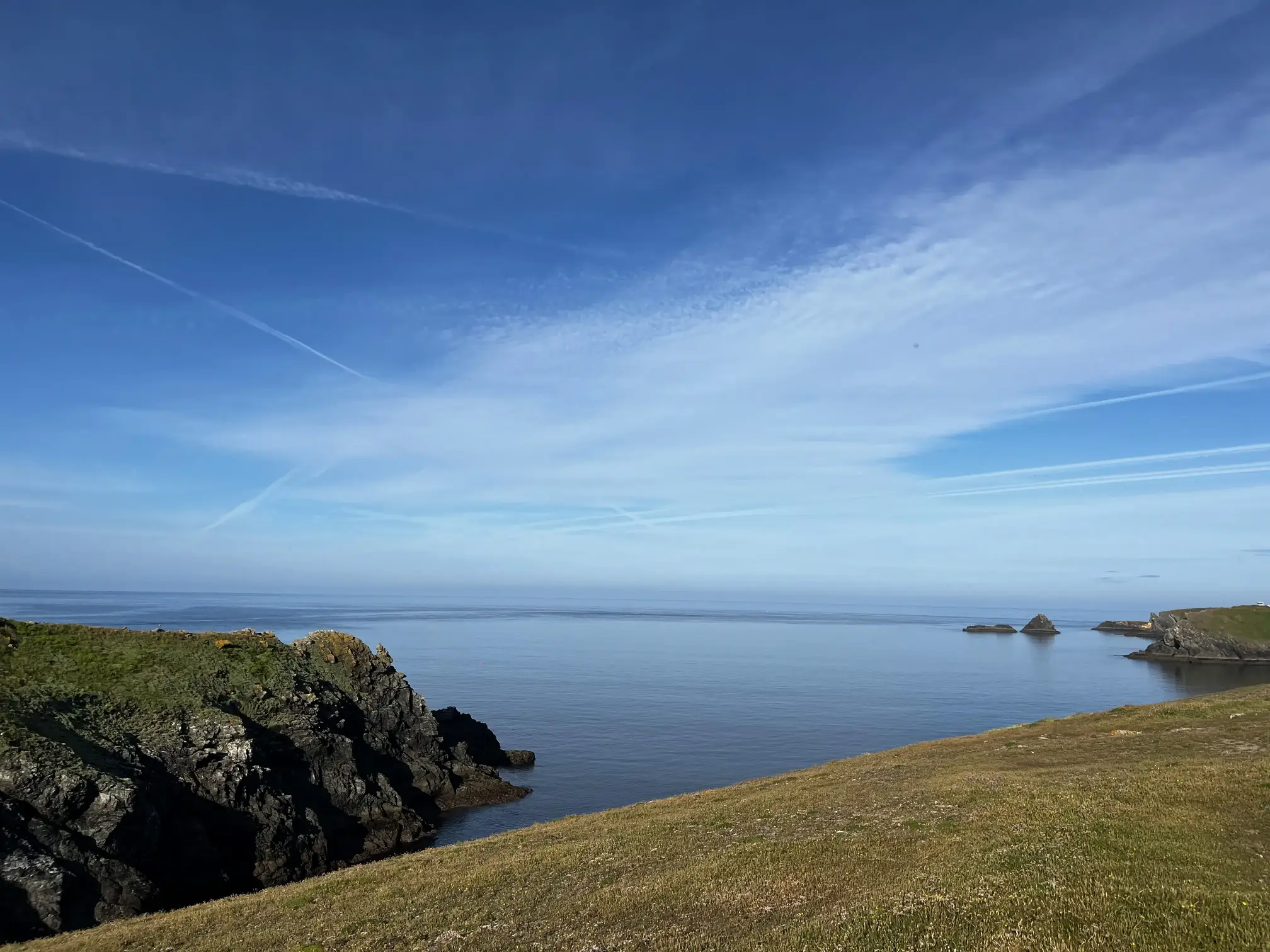 Paysage côtier paisible avec une mer calme, des falaises verdoyantes et un ciel bleu dégagé.