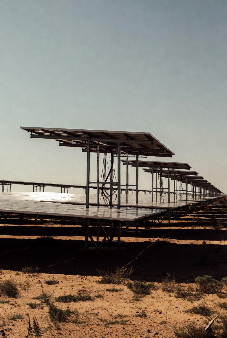 Modern glass building reflected in angled grid lines