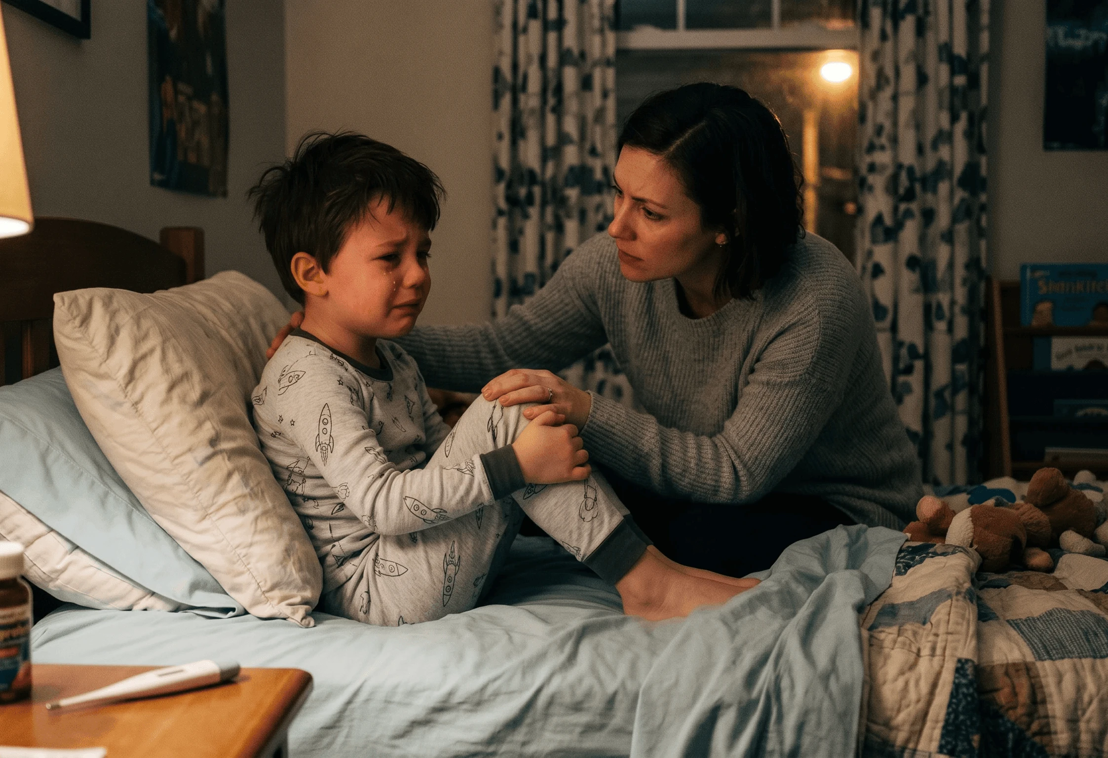 knee pain in bed child, consoled by parent, hyper realistic