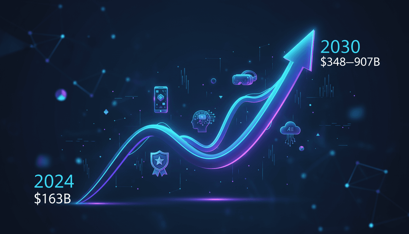 Infographic showing EdTech market growth trajectory from 2024 ($163B) to 2030 (projected $348-907B) as an ascending line graph, featuring bright icons for mobile learning, gamification, and AI integrated along the curve, with vibrant colors representing digital innovation and transformation.