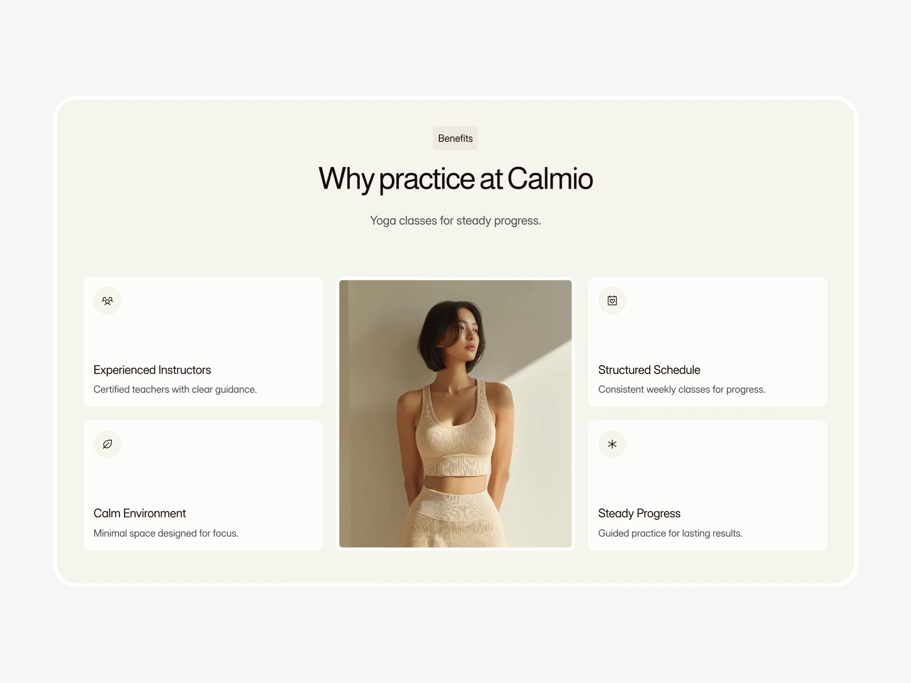 Yoga studio website template benefits section with calm environment.