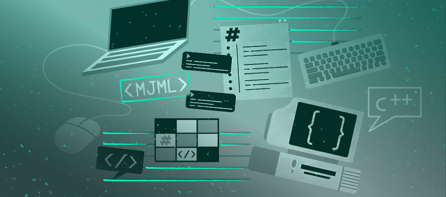 Abstract illustration of responsive email development tools and workflows, featuring MJML code snippets, coding interfaces, UI components, and email-building elements in a modern teal-toned workspace.