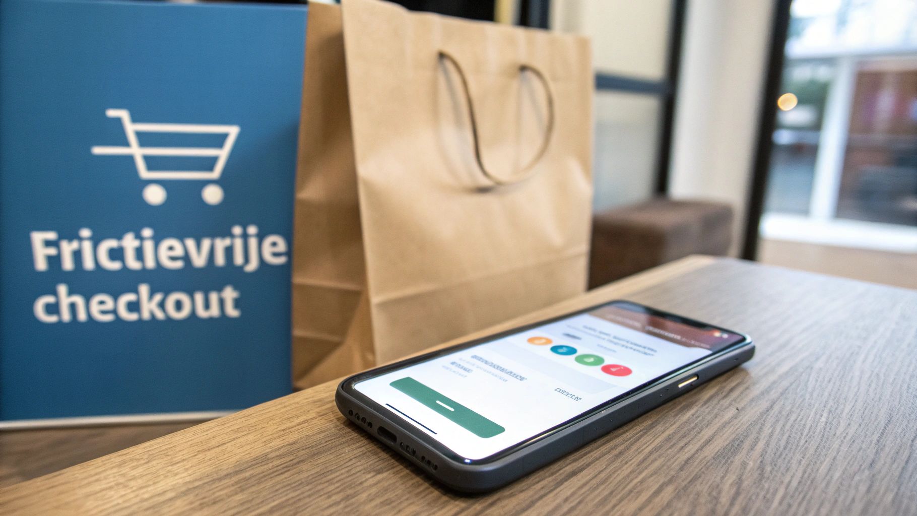 Een smartphone met een checkout-app op een houten tafel, met een bord voor 'Frictievrije checkout' en een papieren tas.
