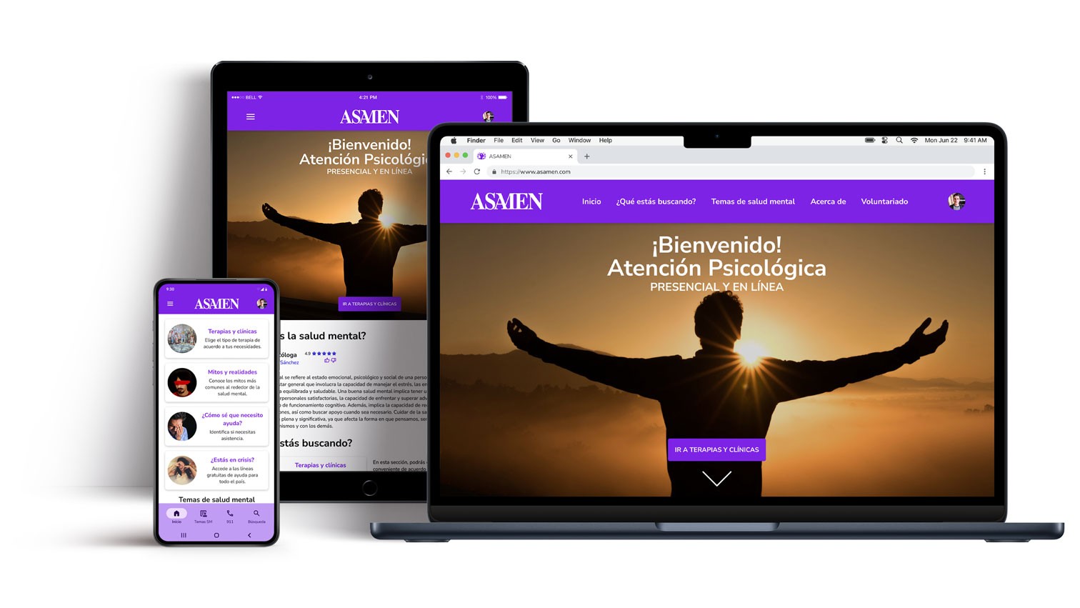 Maqueta del ecosistema digital final de ASAMEN; muestra la interfaz de la aplicación móvil y el sitio web responsivo tras la fase de iteración, reflejando soluciones de diseño optimizadas según los hallazgos de las pruebas de usabilidad.