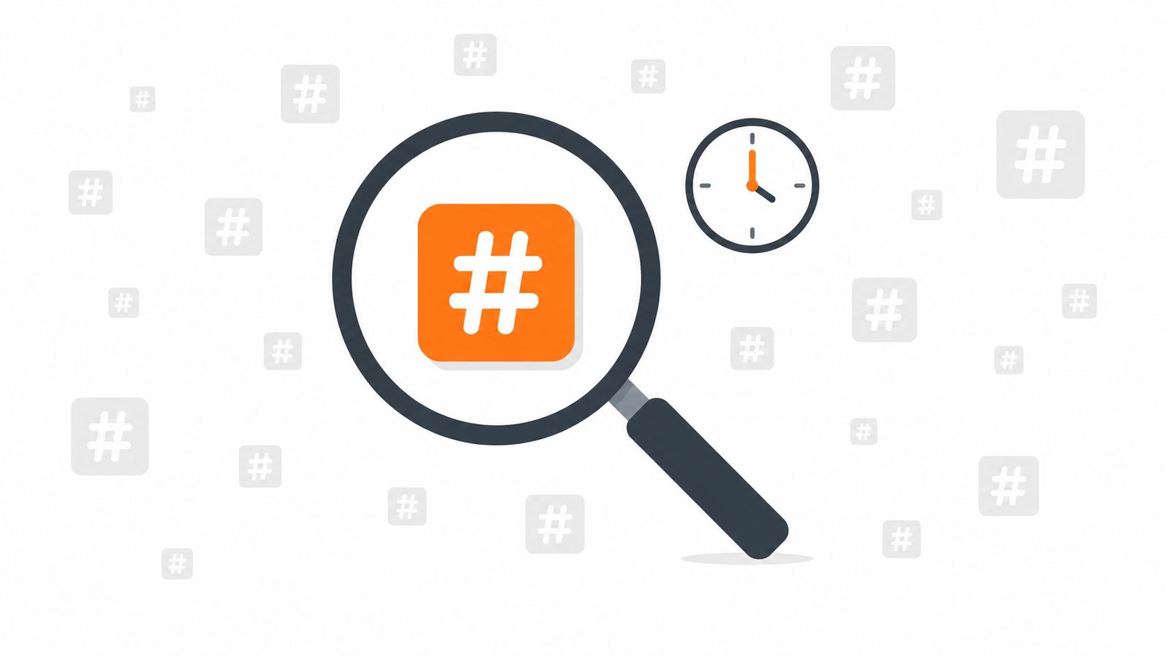 A magnifying glass focusing on an orange square with a hashtag symbol, surrounded by several smaller hashtags.