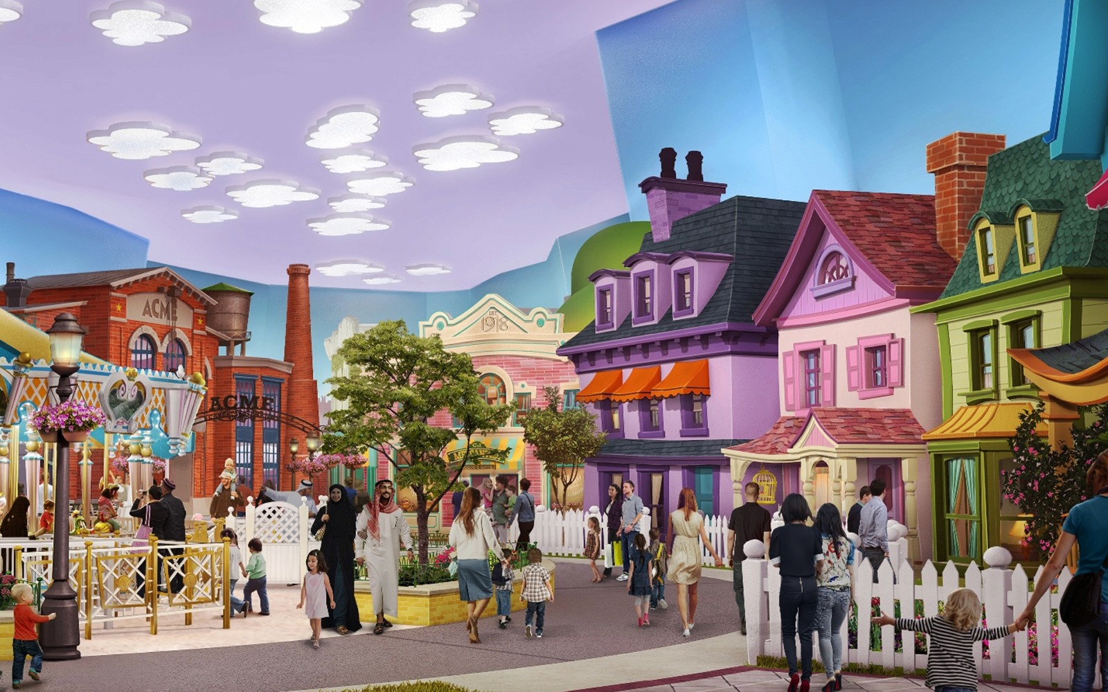 Visitors exploring Warner Bros. themed area with colorful buildings in Abu Dhabi.