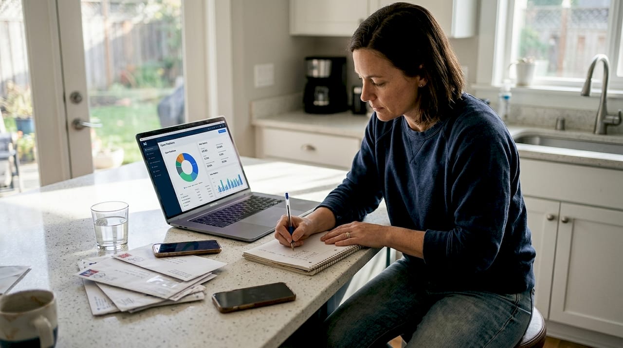 Woman reviewing trading risk at kitchen island