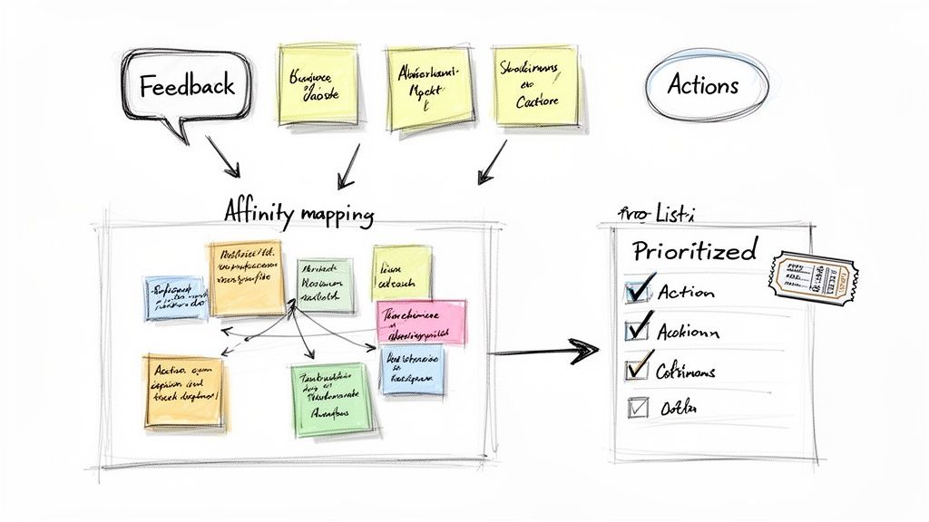 A flowchart showing user feedback processed through affinity mapping to generate prioritized actions.