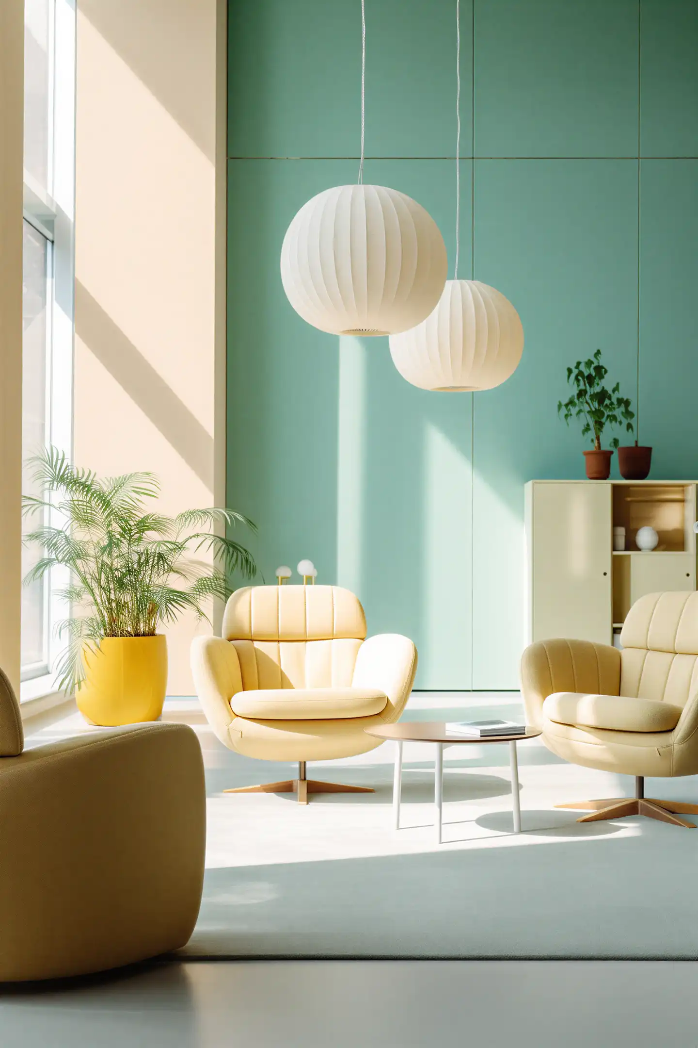 Modern living area with large windows and minimalist furniture