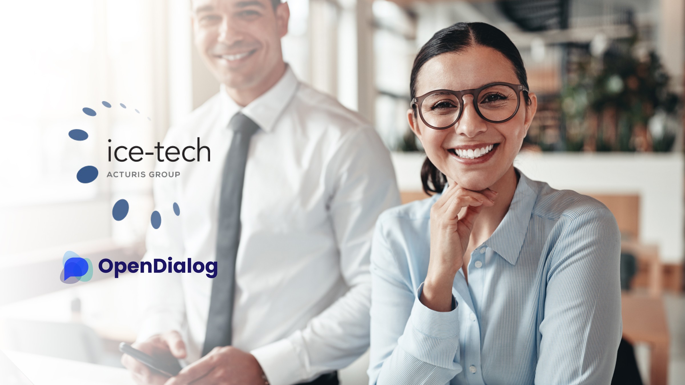 A logo lock up of OpenDialog and ICE against a photo of two insurance brokers