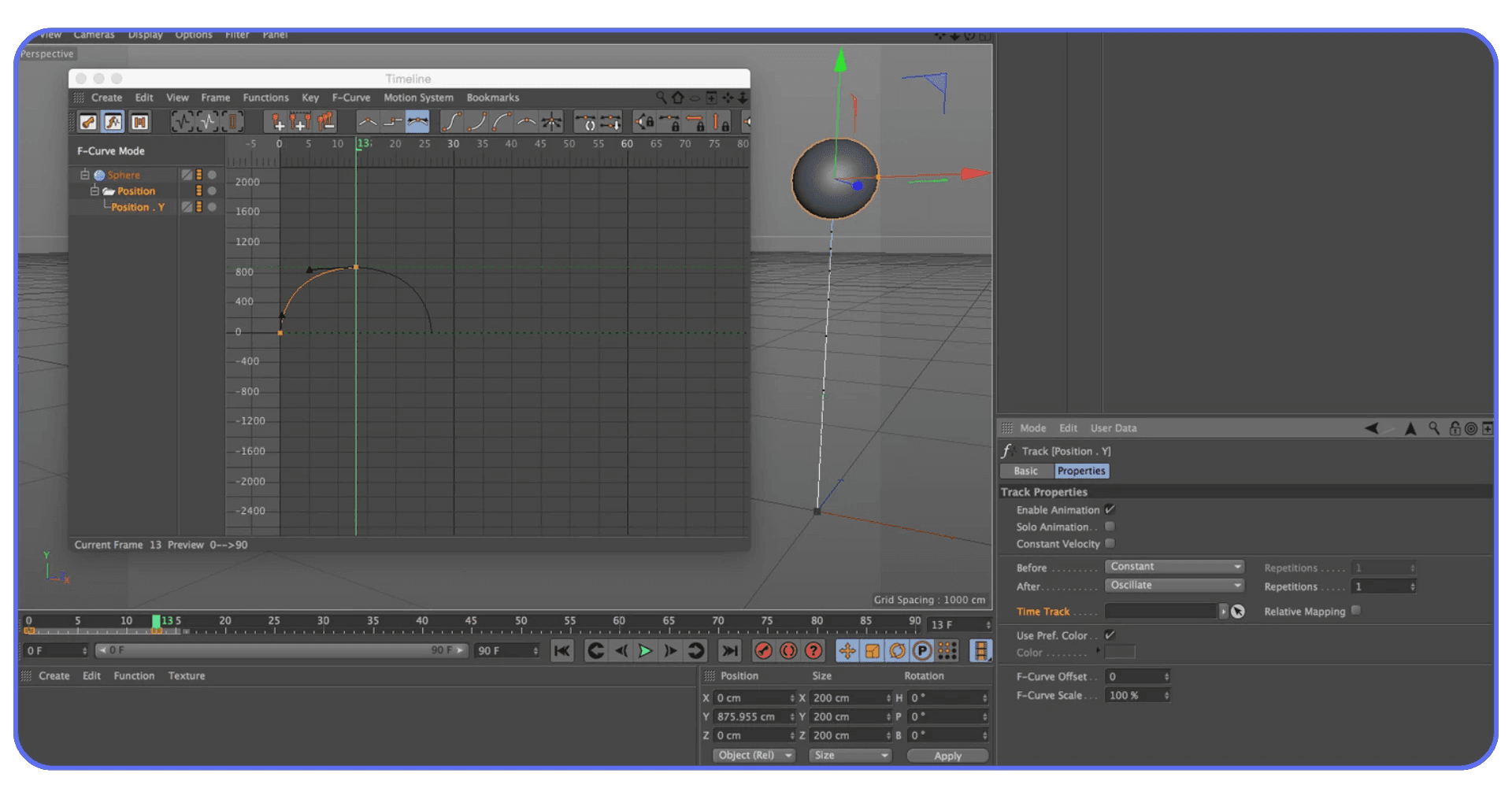 Cinema 4D animation timeline with F-Curve editor showing keyframe interpolation