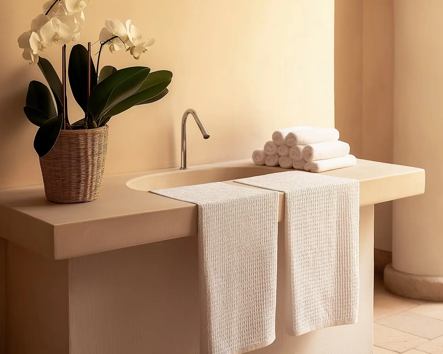 Minimalist stone vanity with white towels and orchid.