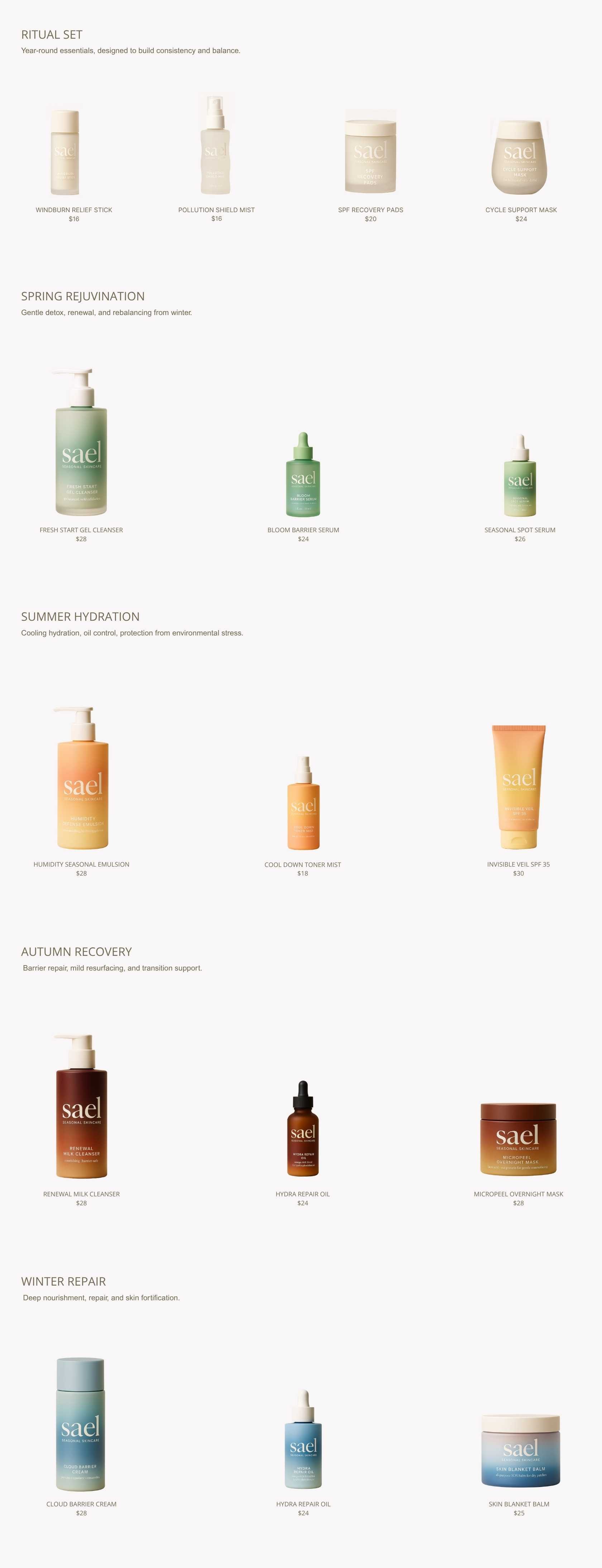 Sael Seasonal Skincare full product collection grid featuring ritual set, spring rejuvenation set, summer hydration set, autumn recovery set, and winter repair set displayed in a clean, minimalist layout.
