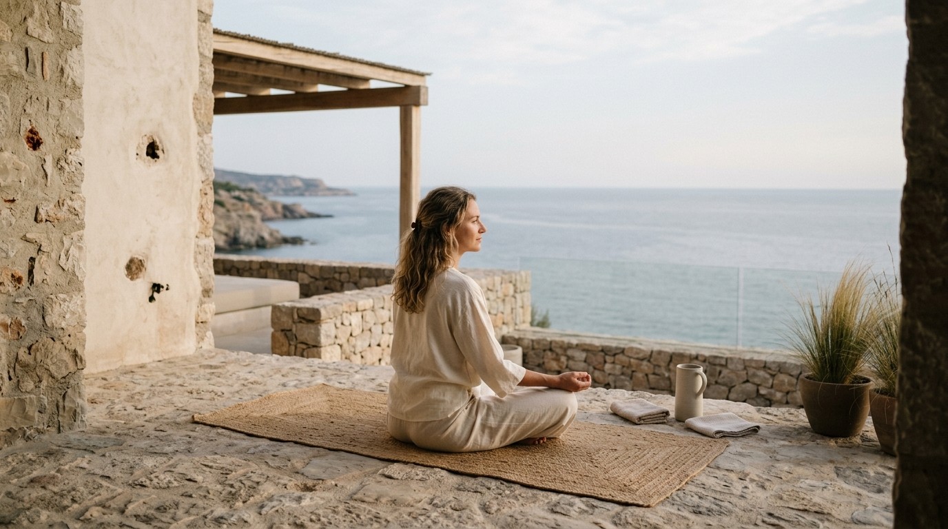 Woman practicing yoga on a resort overlooking the ocean
