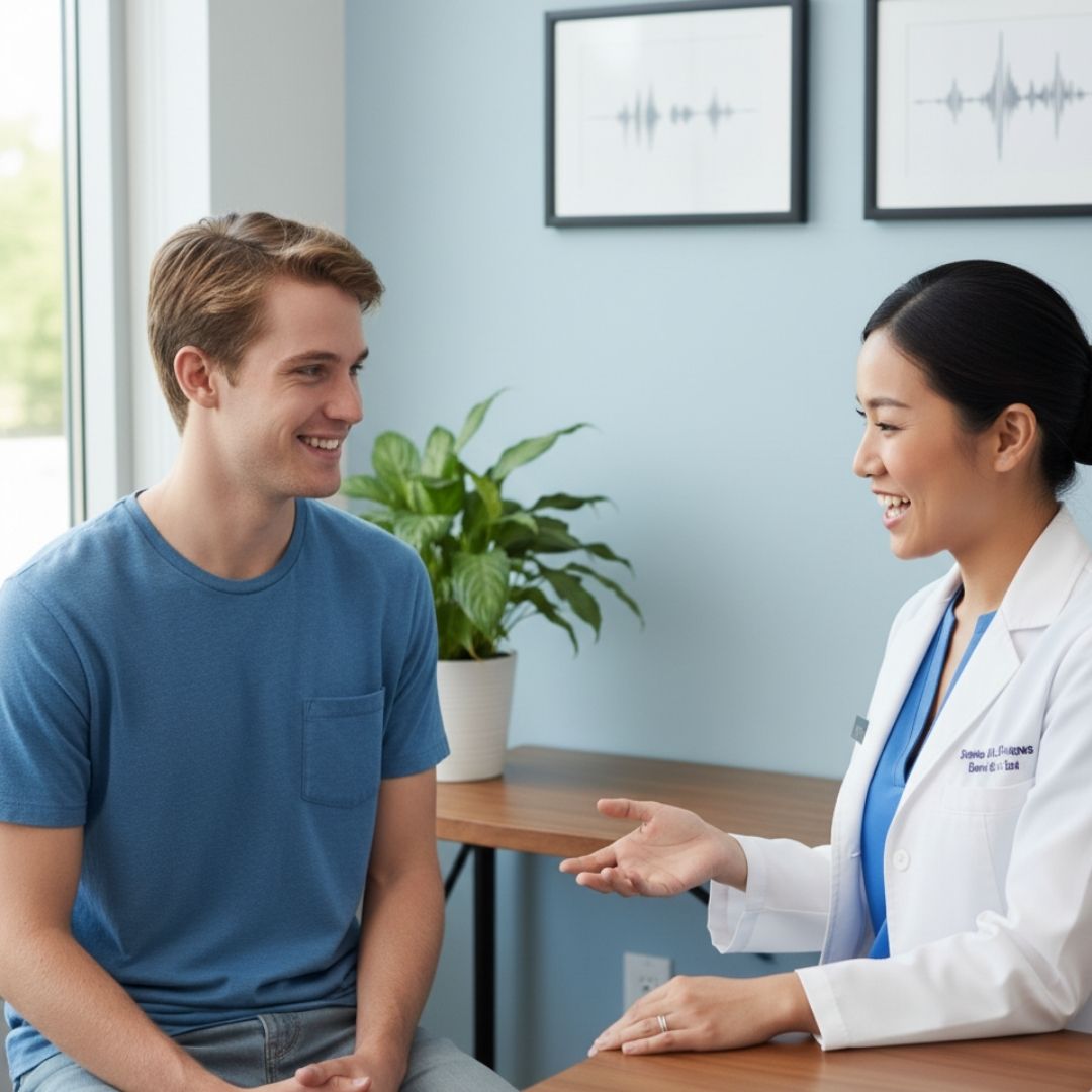 man meeting with an audiologist about hearing loss solutions