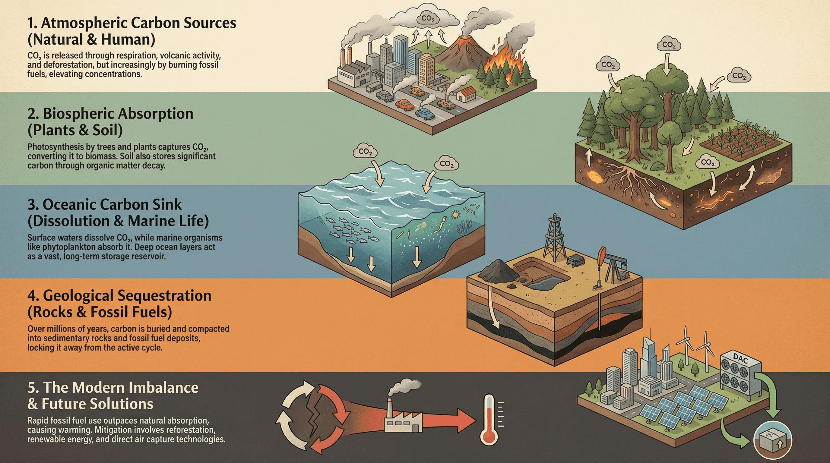 Tall long-form infographic panel divided into colored horizontal bands featuring headlines and isometric illustrations.