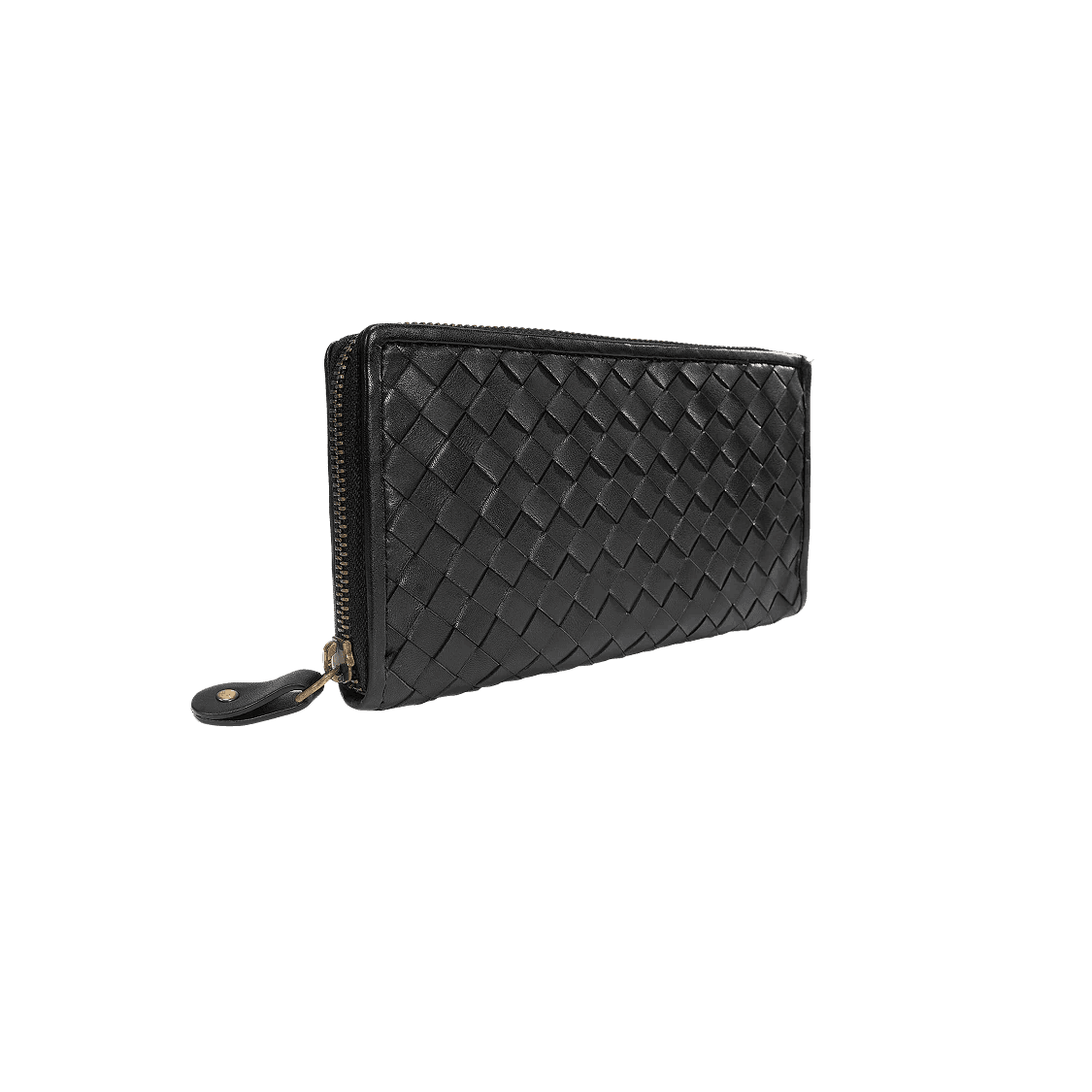 Black woven leather wallet on a white background